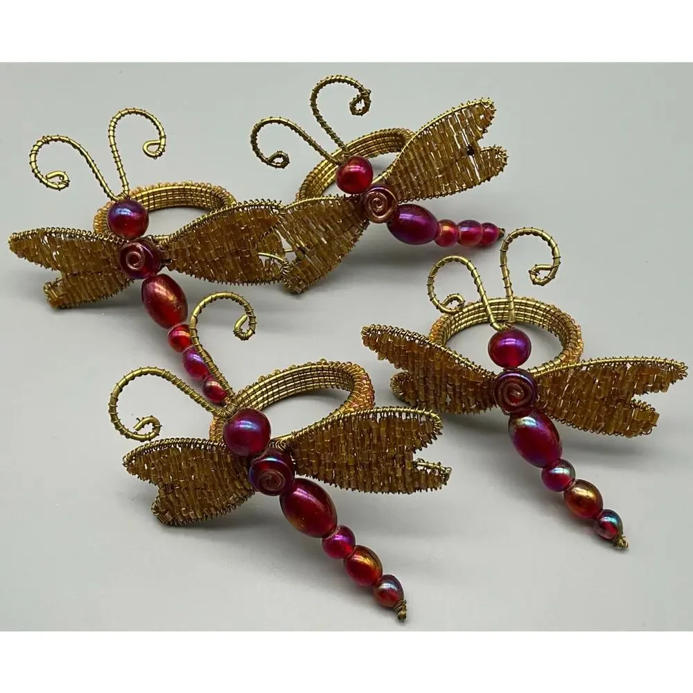 Vintage 4 Pier 1 Imports Beaded Dragon Fly Napkin Rings Burgundy Gold